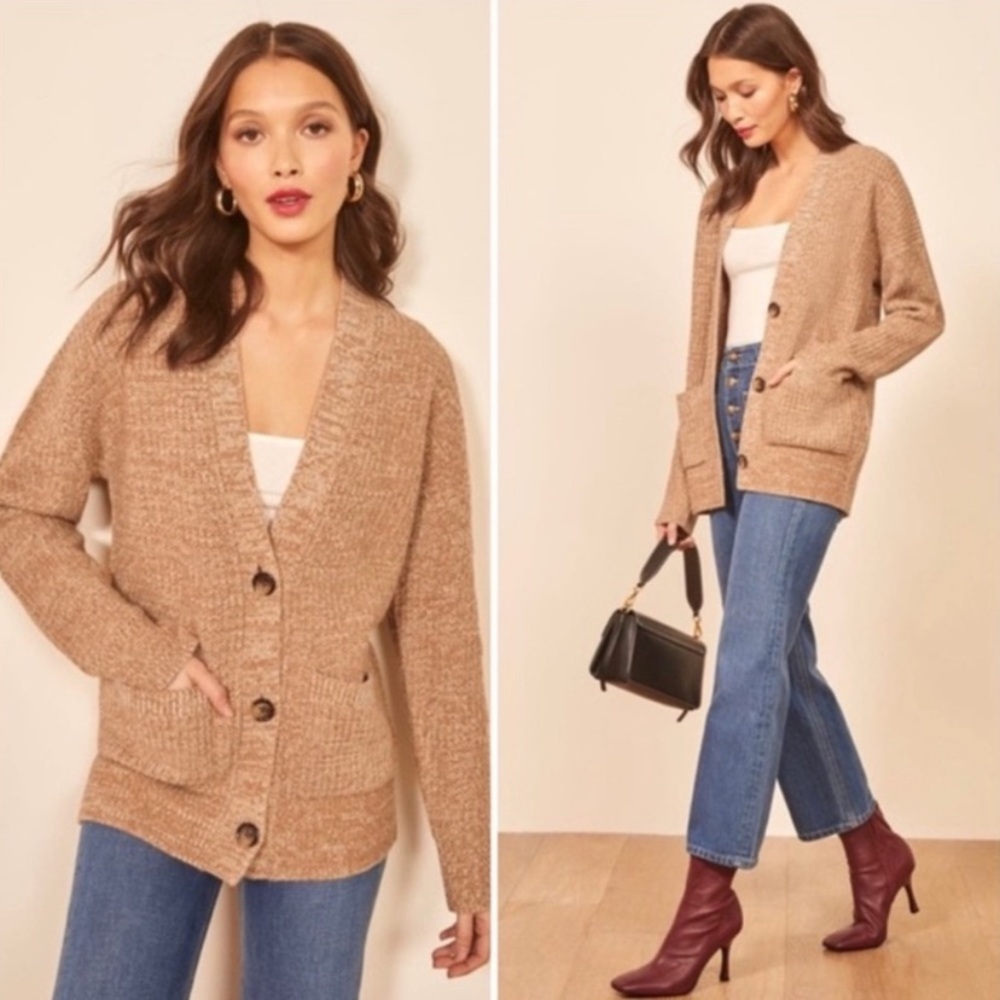 Reformation Camel Tan Button Front Knit Cardigan